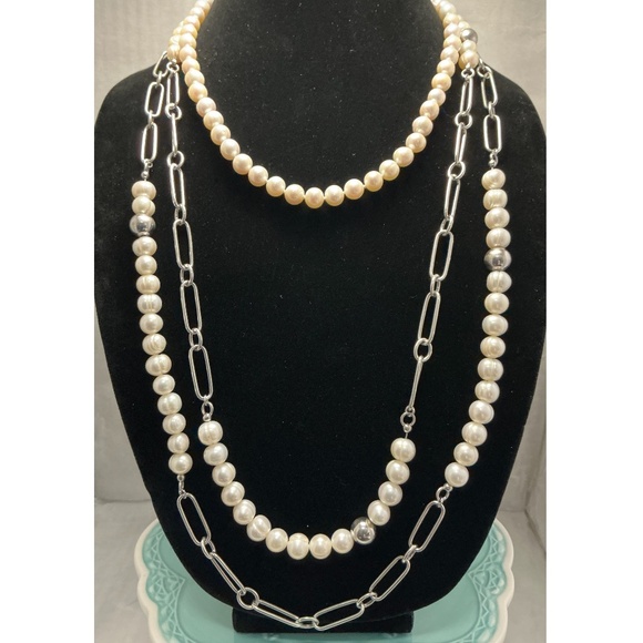 60” Heavy Sterling Silver Italian Paperclip & Freshwater Pearl Choker Necklace - Picture 1 of 8